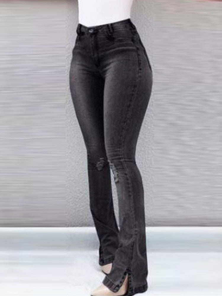 Women's High Waist Ripped Bell-Bottom Denim Jeans