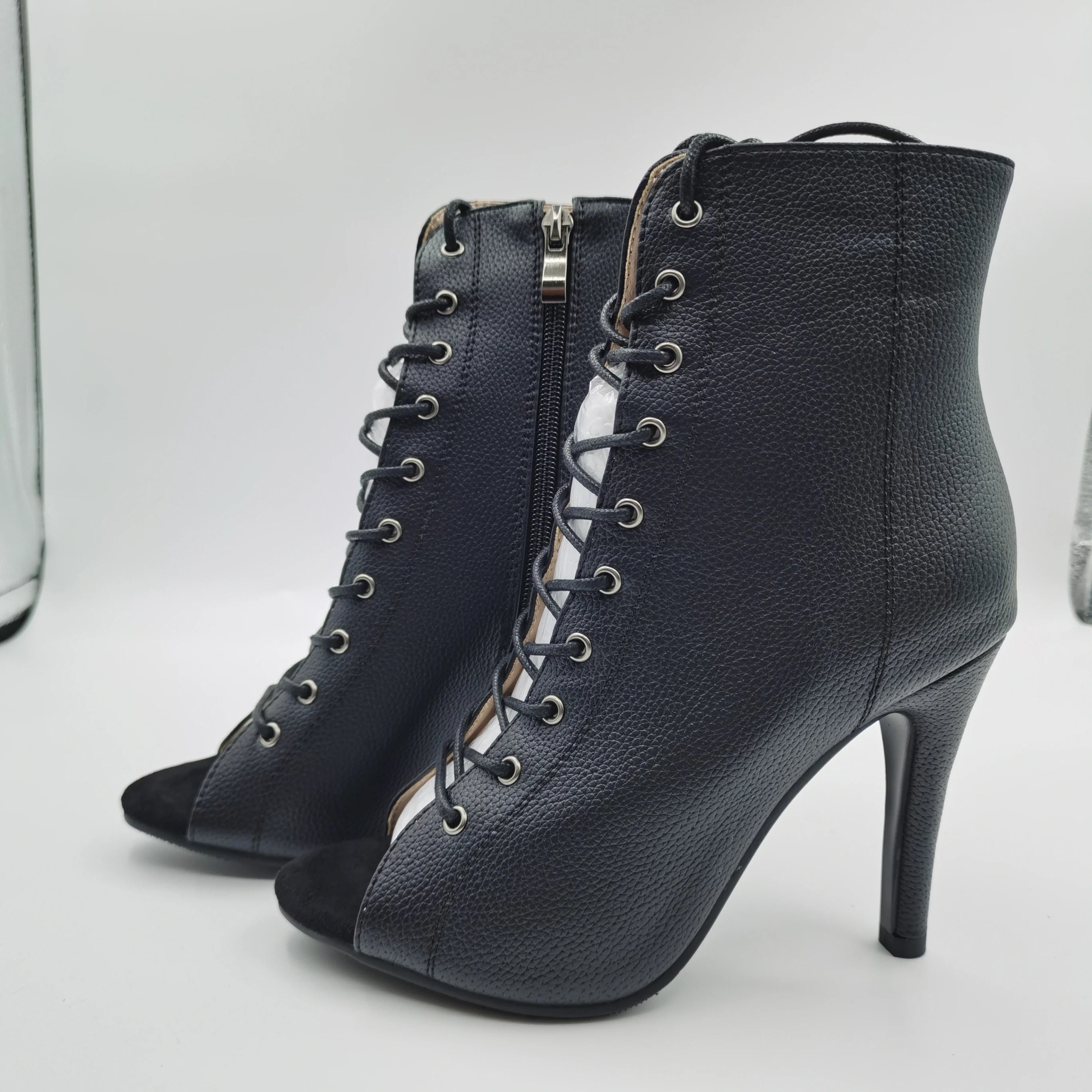 Women’s PU Leather Open Toe Zip-Up Lace-Up High Heel Ankle Boots