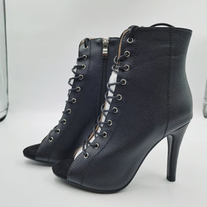 Women’s PU Leather Open Toe Zip-Up Lace-Up High Heel Ankle Boots