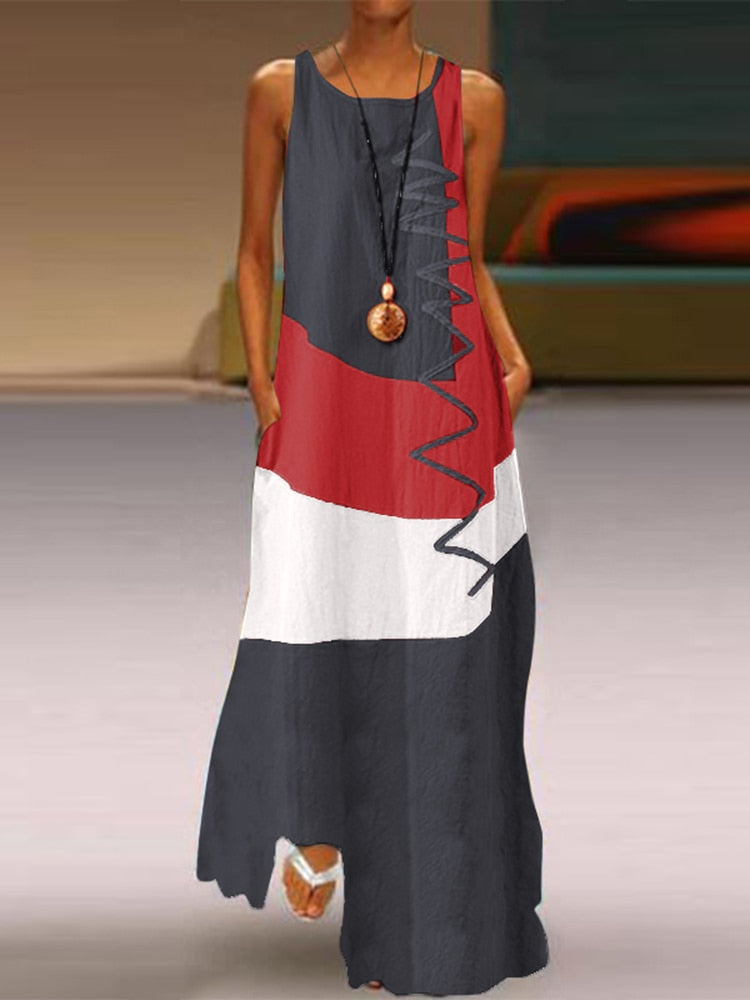 Women's Vintage Color Stitching Plus Size Long Sleeve Maxi Dresses