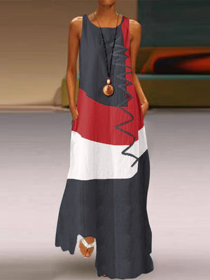 Women's Vintage Color Stitching Plus Size Sleeveless Tank Top Maxi Dresses