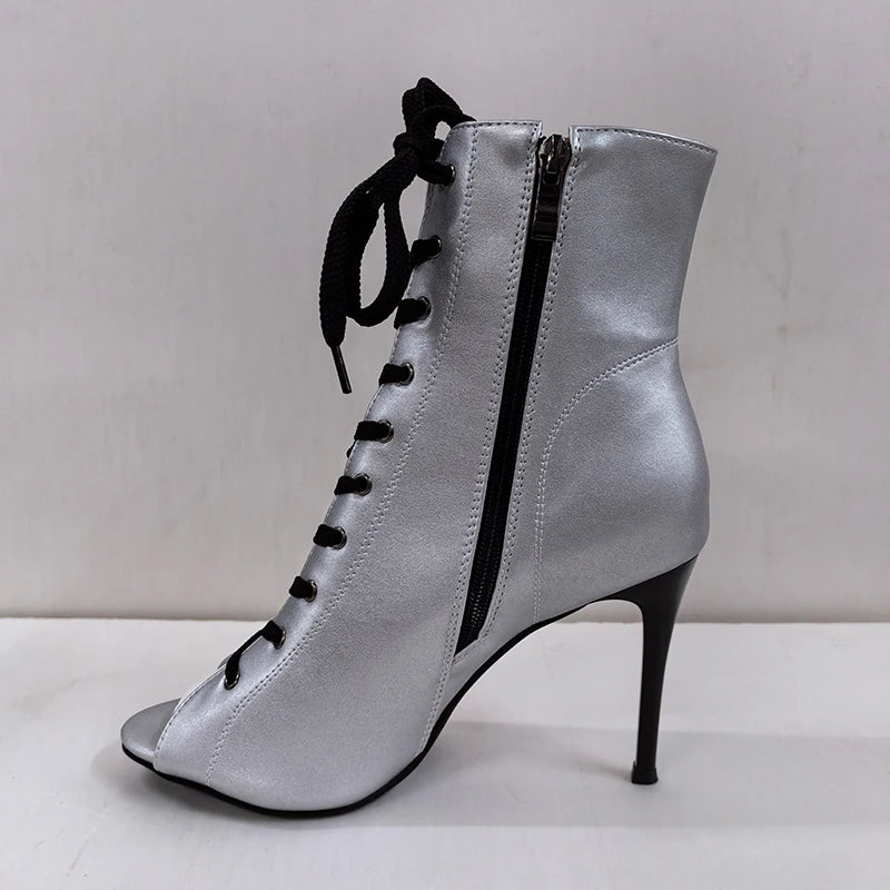 Women’s PU Leather Open Toe Zip-Up Lace-Up High Heel Ankle Boots