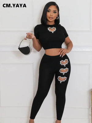 Women’s Sexy Two-Piece Plus Size Knit Ribbed Short Sleeve Crop Top Rhinestone Heart Decor Pants Set