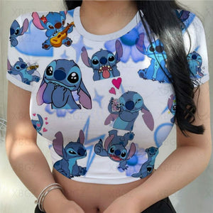 Sexy Cute Kawaii Print Women's Party Stitch Summer Tight Crop Top Slim Fit T Shirt