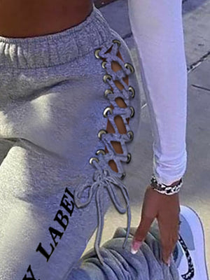 Women's Fashion Casual Solid Grey Lace Up Hip Sweatpants - Stylish and Comfortable