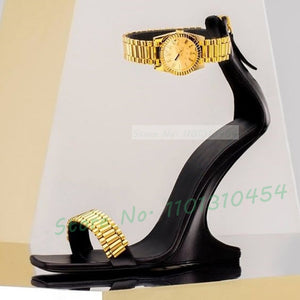 Women's Elegant Gold Metallic Luxury Watch High Heels Shoes