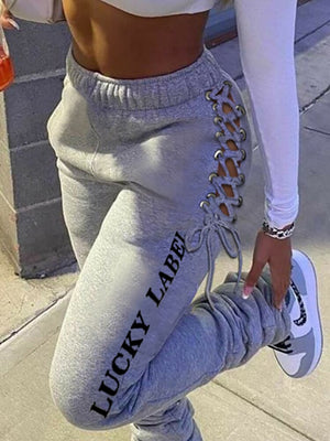Women's Fashion Casual Solid Grey Lace Up Hip Sweatpants - Stylish and Comfortable