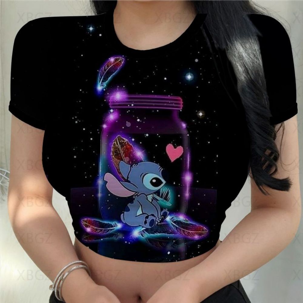 Sexy Cute Kawaii Print Women's Party Stitch Summer Tight Crop Top Slim Fit T Shirt