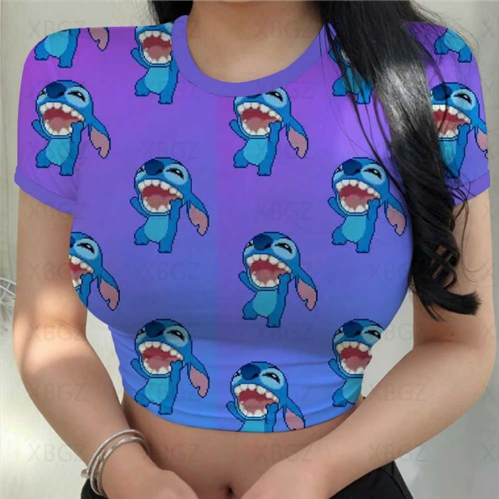 Sexy Cute Kawaii Print Women's Party Stitch Summer Tight Crop Top Slim Fit T Shirt
