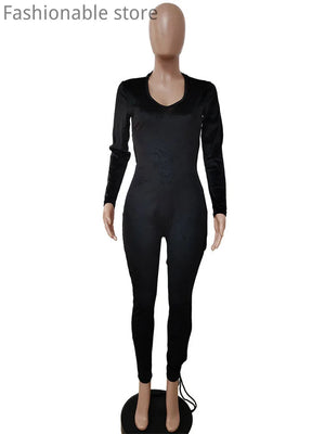 Women Sexy Velvet Lace-up Long Sleeve Backless Skinny Jumpsuit