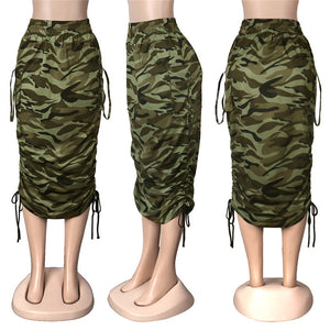 Women's Sexy Camouflage / Newspaper Print Draw String Ruched Long Skirts