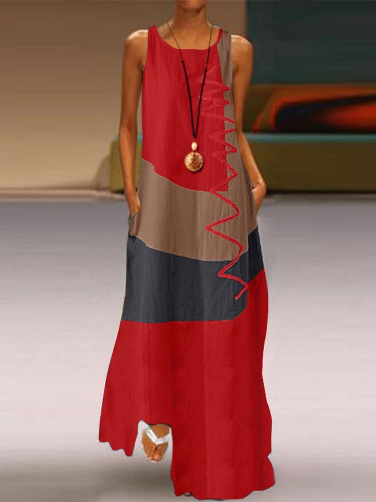 Women's Vintage Color Stitching Plus Size Sleeveless Tank Top Maxi Dresses