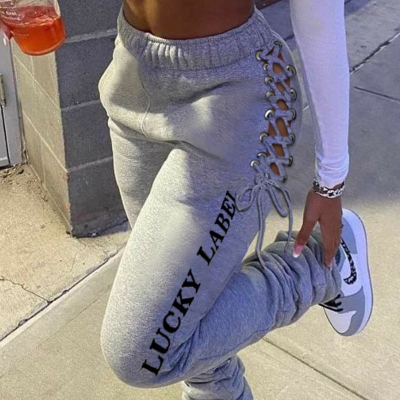 Women's Fashion Casual Solid Grey Lace Up Hip Sweatpants - Stylish and Comfortable