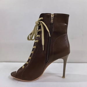Women’s PU Leather Open Toe Zip-Up Lace-Up High Heel Ankle Boots