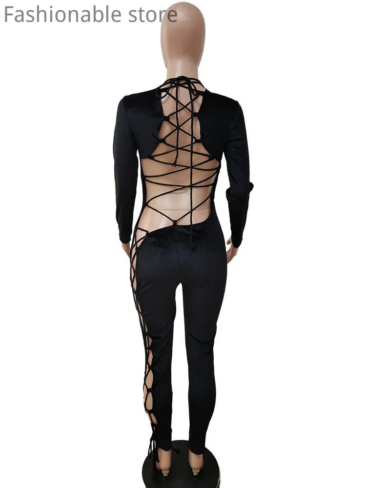 Women Sexy Velvet Lace-up Long Sleeve Backless Skinny Jumpsuit