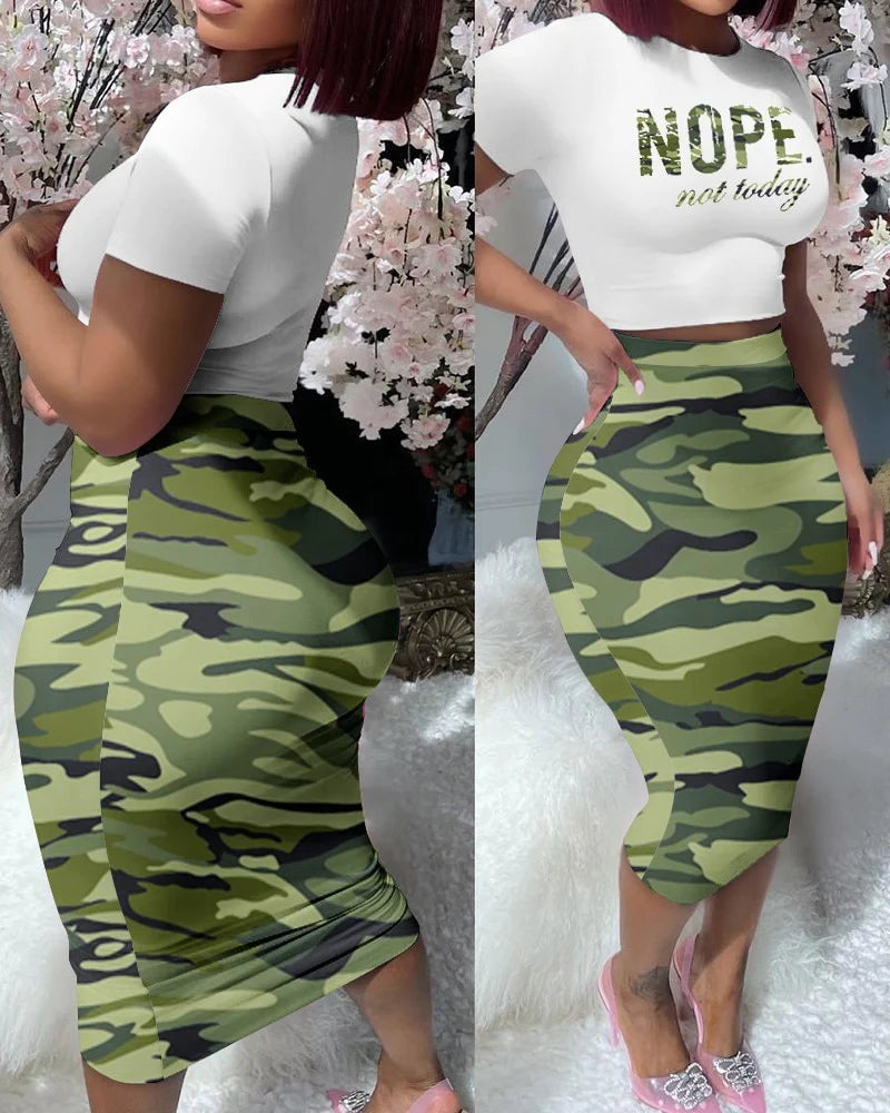 Sexy Women's Two Piece Camouflage T-shirt & Skirt Set