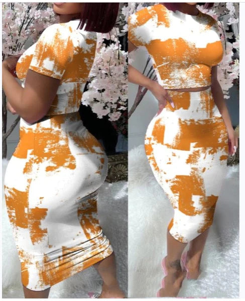 Sexy Women's Two Piece Orange & White T-shirt & Skirt Set
