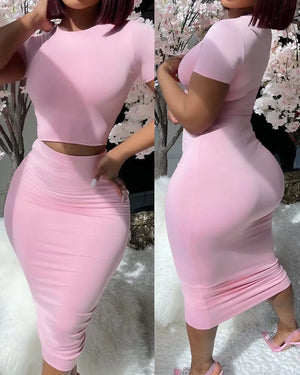 Sexy Women's Two Piece Pink T-shirt & Skirt Set