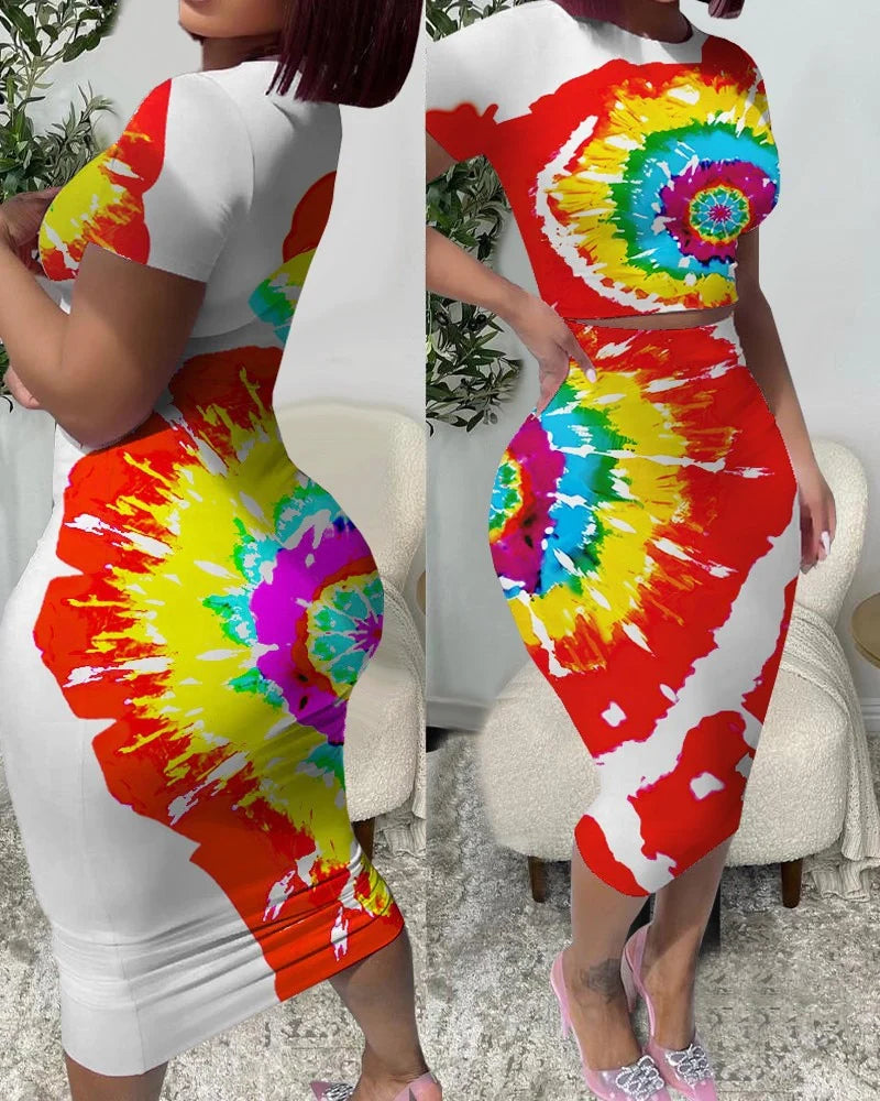 Sexy Women's Two Piece Tie-DyedT-shirt & Skirt Set