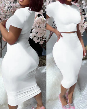Sexy Women's Two Piece White T-shirt & Skirt Set