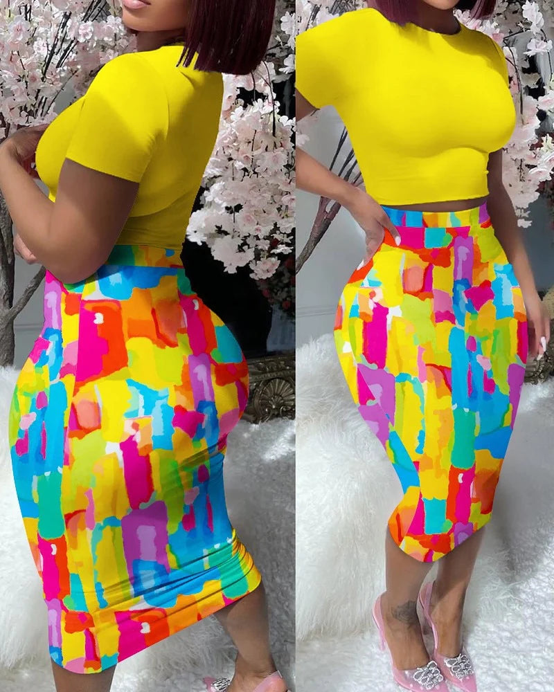 Sexy Women's Two Piece Yellow T-shirt & Skirt Set