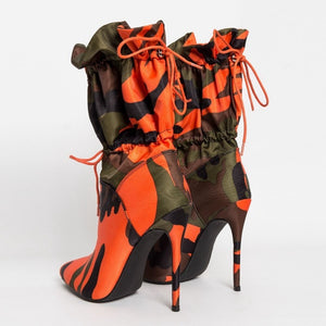 Orange Army Fatigue Camouflage Pointed Toe Mid Calf Sexy High Heel Stiletto Boots