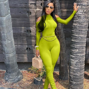 Women's Sexy Long Sleeve Stacked One Piece Bandage Bodycon Jumpsuit