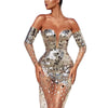 Bare Shoulder Glitter Sequined See Through Mesh Spliced Bodycon Party Cocktail Evening Dress