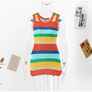 Women's Knitted Rainbow Sleeveless Bodycon Mini Dress
