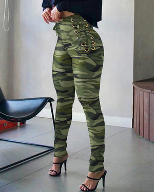 Women's Sexy Army Green High Waist Eyelet Lace-up Tied or Zipper Design Pants 