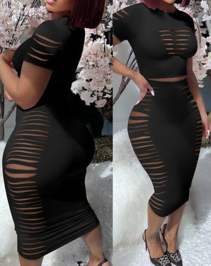 Women's Sexy Black Ripped 2 Piece Skirt Set
