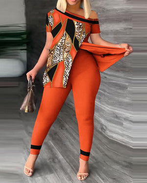 Women's Sexy Orange Off Shoulder Top & Bottom 2 Piece Set