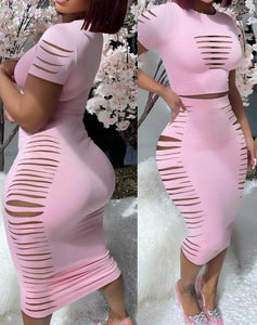 Women's Sexy Pink Ripped 2 Piece Skirt Set 