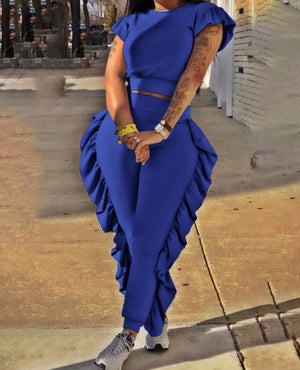 Women's Two Piece Blue Short Sleeve Top & High Waist Ruffled Pants Set