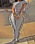 Women's Two Piece Grey Short Sleeve Top & High Waist Ruffled Pants Set