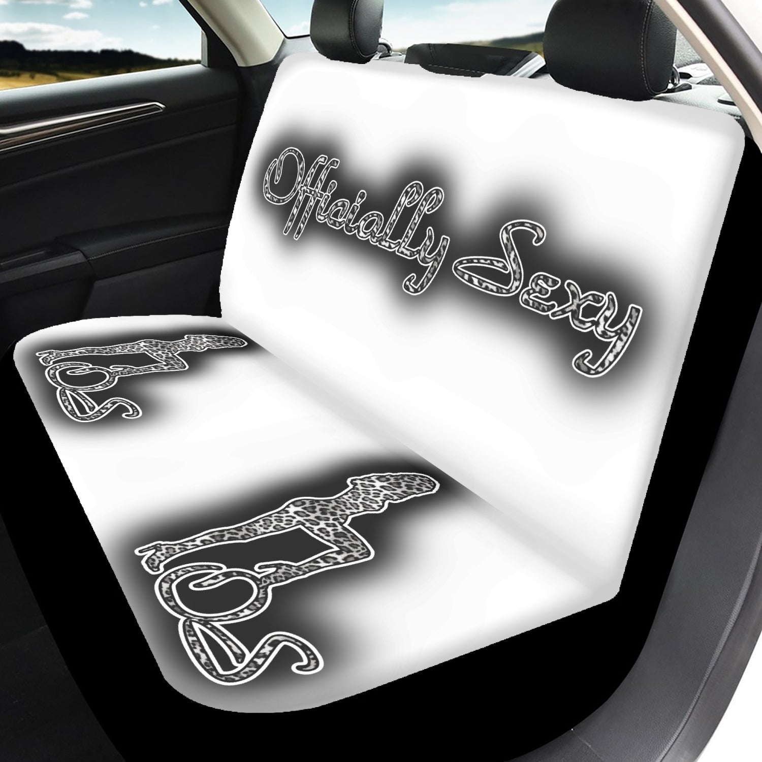 Officially Sexy Snow Leopard Print Collection White Microfiber Car - 3Pcs Seat Covers With Black Shadow