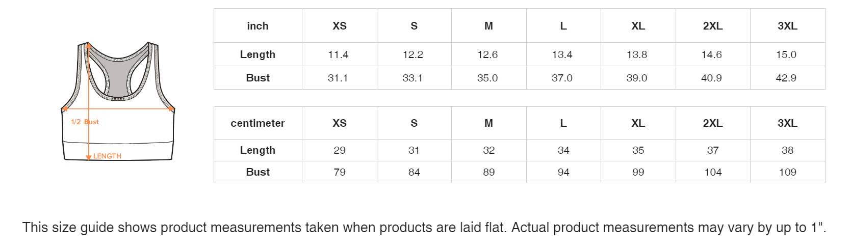 Sports Bra Size Chart