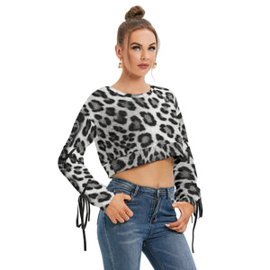 Officially Sexy Snow Leopard Print Collection Women's Cropped Sweatshirt With Long Lace up Sleeves (English)