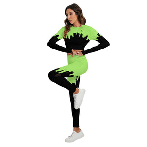 Officially Sexy Neon Green & Black Skyline Women's Sport Set With Backless Top And Leggings