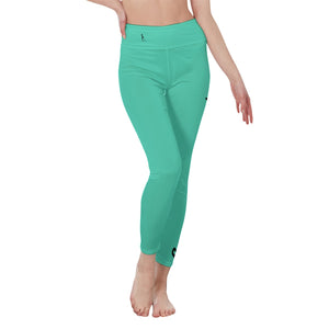 Oficialmente Sexy Turquoise Green Women's High Waist Leggings With Black Logos & Side Stitch Closure