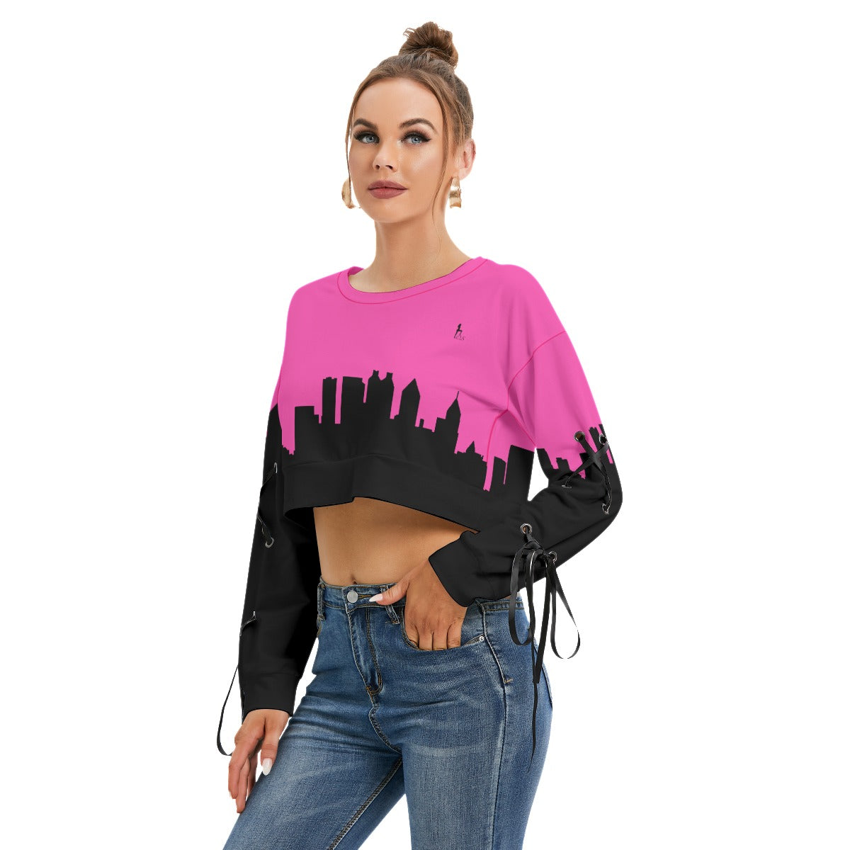 Officially Sexy Neon Pink & Black Skyline Collection Women's Long Lace up Sleeve Cropped Sweatshirt