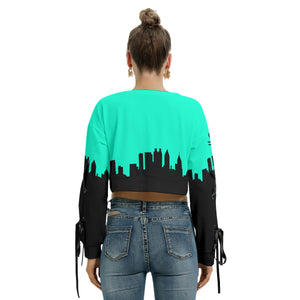 Officially Sexy Sea Green & Black Skyline Collection Women's Long Lace up Sleeve Cropped Sweatshirt