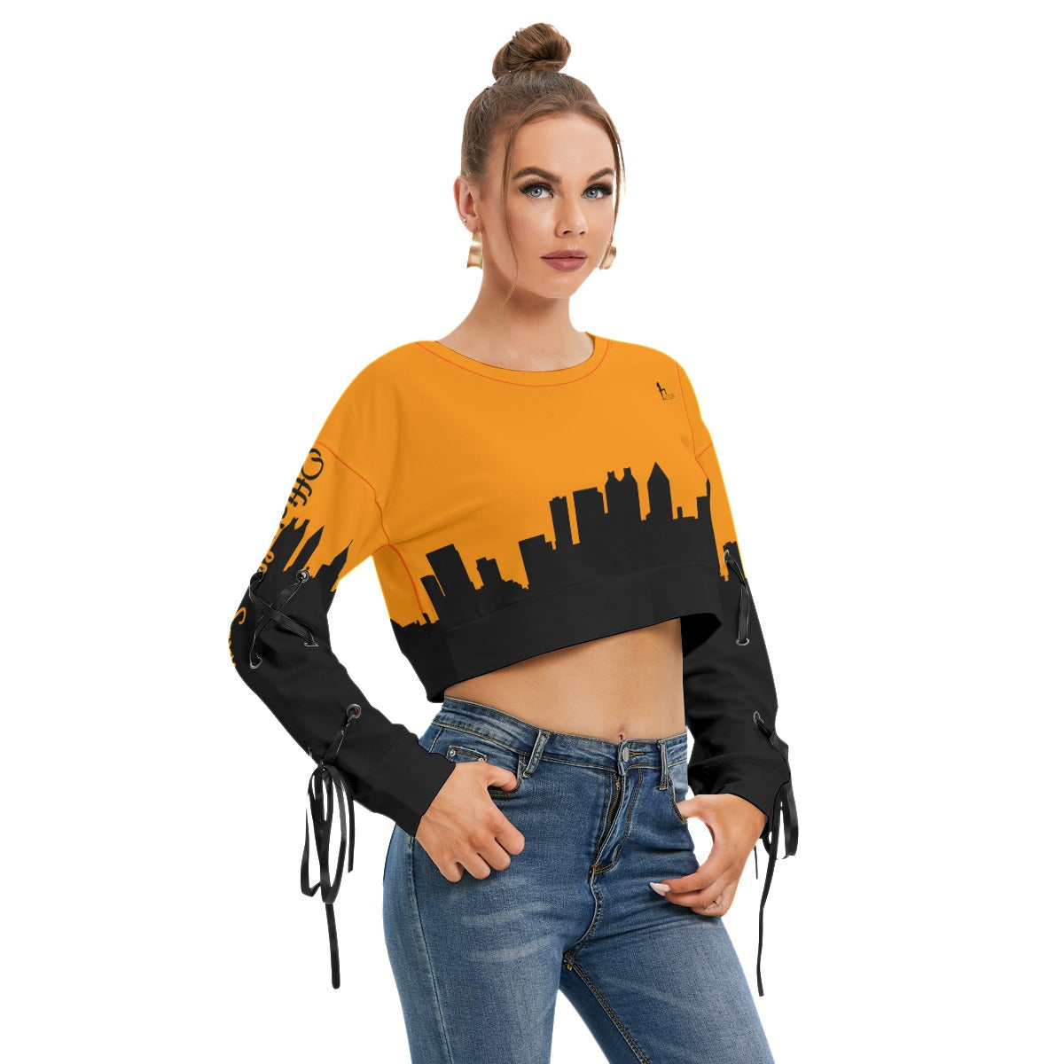 Officially Sexy Neon Orange & Black Skyline Collection Women's Long Lace up Sleeve Cropped Sweatshirt