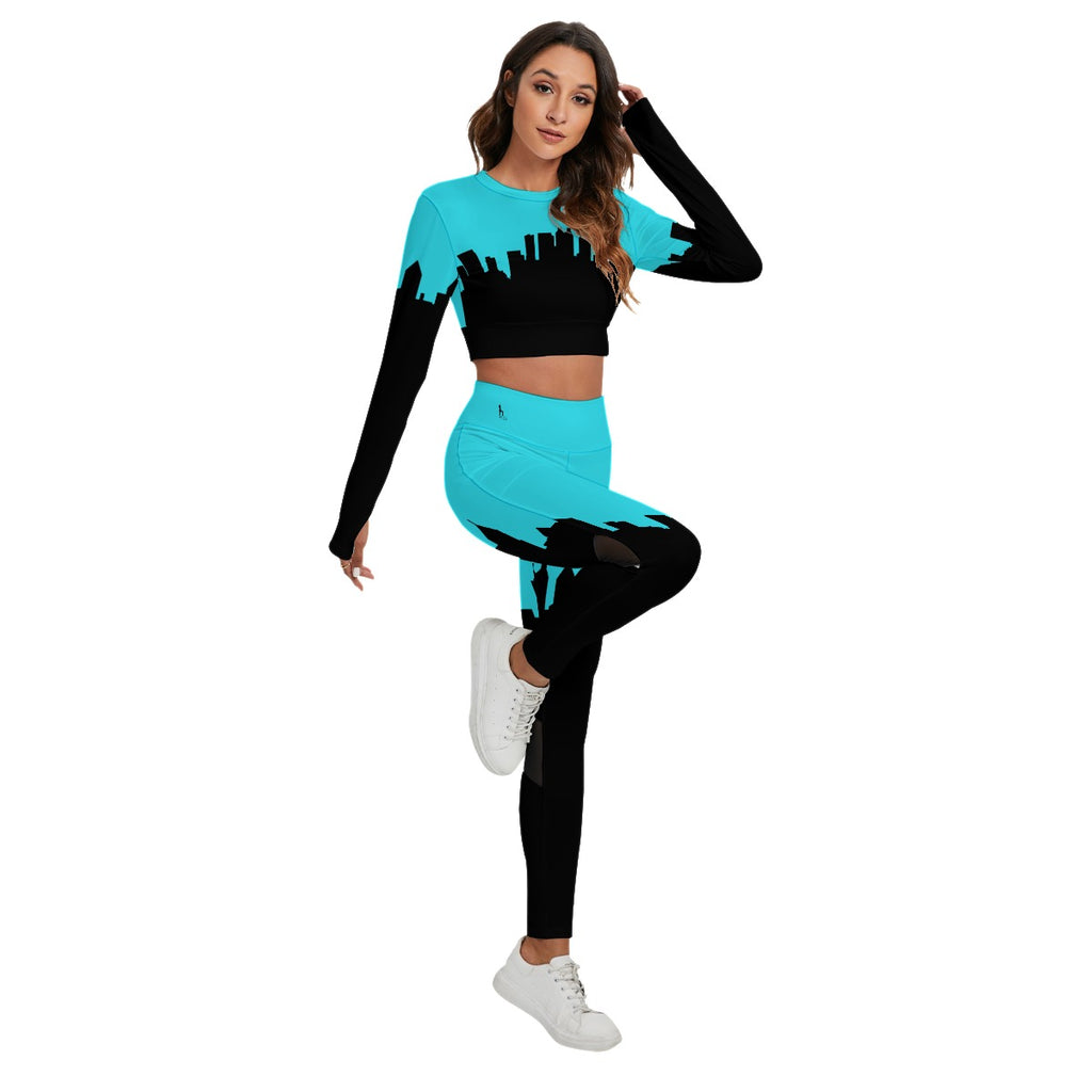Officially Sexy Turquoise & Black Skyline Women's Sport Set With Backless Top And Leggings