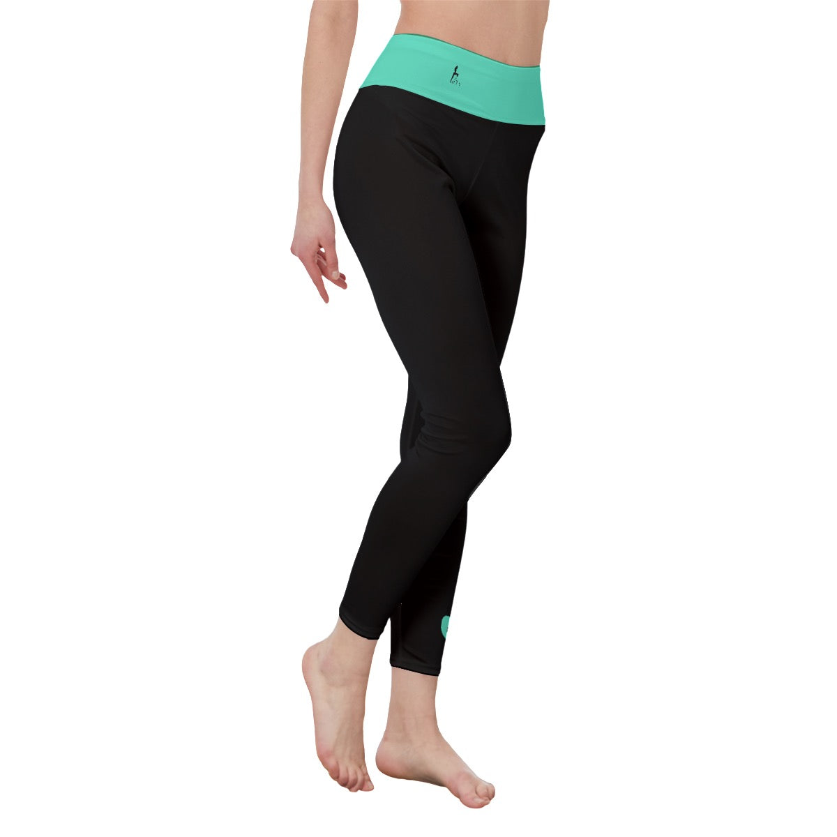 Officially Sexy Black Women's High Waist Leggings With  Turquoise Green Waist / Logo & Side Stitch Closure