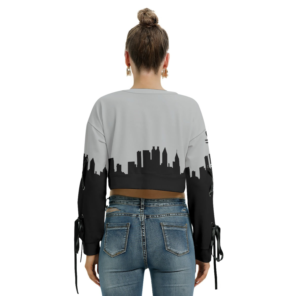 Officially Sexy Light Grey & Black Skyline Collection Women's Long Lace up Sleeve Cropped Sweatshirt