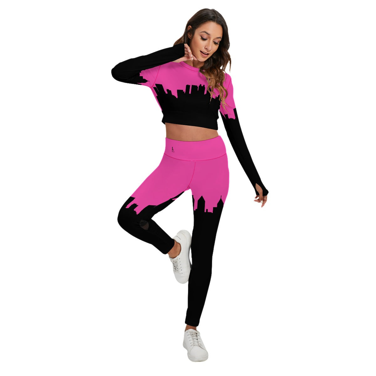 Officially Sexy Neon Pink & Black Skyline Women's Sport Set With Backless Top And Leggings