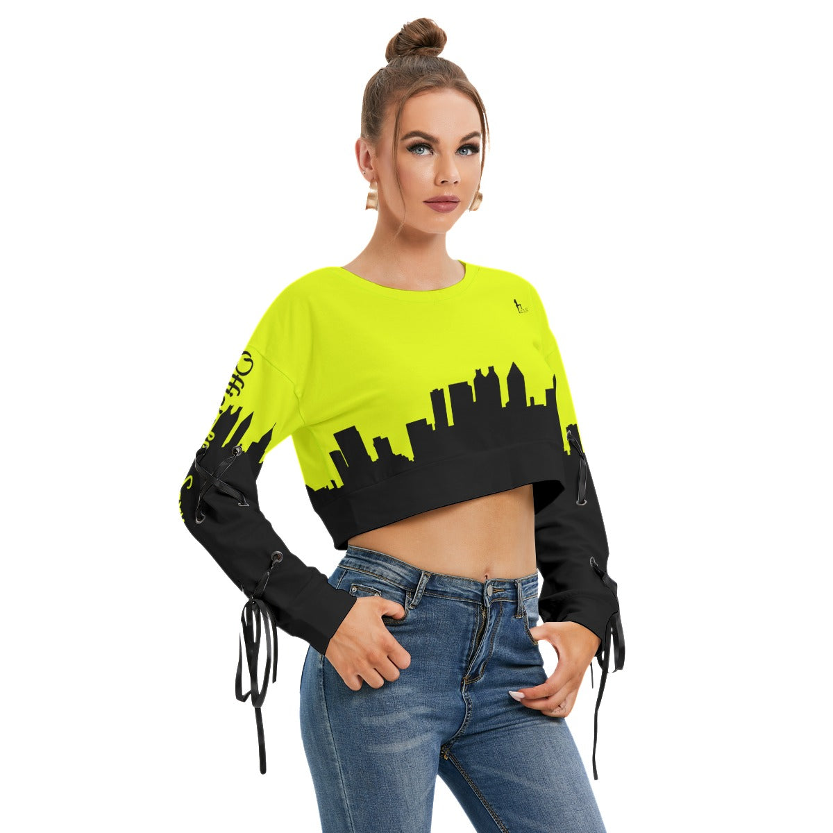 Officially Sexy Neon Yellow & Black Skyline Collection Women's Long Lace up Sleeve Cropped Sweatshirt