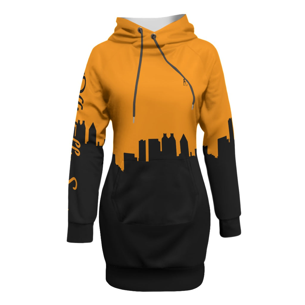 Officially Sexy Neon Orange & Black Skyline Collection Women's Pullover Hoodie Dress