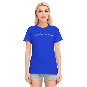 👚 Oficialmente Sexy Persian Blue With White Logo Women's Round Neck T-Shirt | 190GSM Cotton Color #0227D0 👚